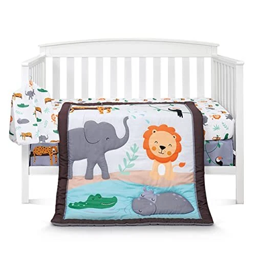 5 Pcs Crib Bedding Set for Girls and Boys -Jungle Animal Theme Crib Set for