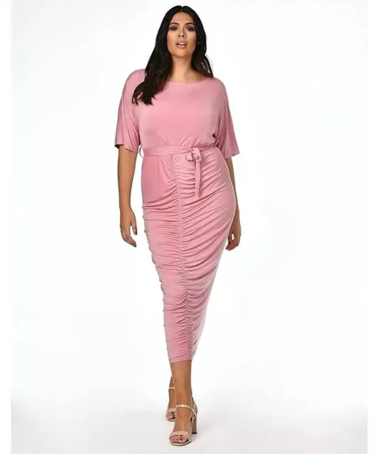 Pink clove plus size ruched midi dress UK 22-24 womens tie waist evening party