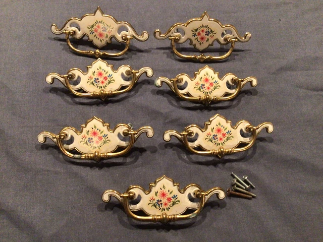 Lot Of 7 Brass Drawer Pulls Drop Handles W/ White Floral Design Set Of 7