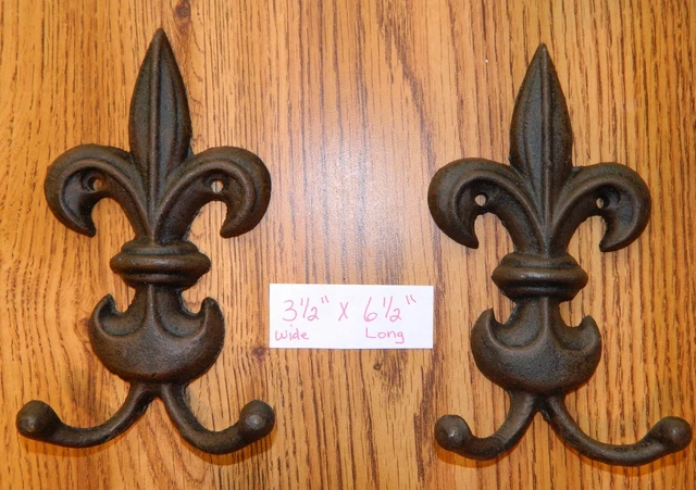 Set/2 Ornate 6 1/2"  Iron Fleur De Lis French Decor Style Coat Hat Wall Hooks