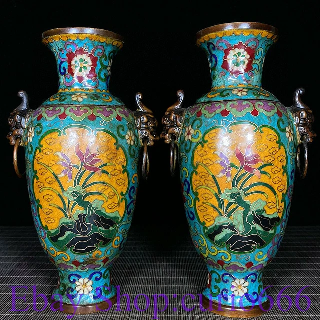 9" Qianlong Marked Cloisonne Enamel Bronze Beast Head Flower Bottle Vase Pair