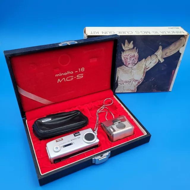 Kit de cámara en miniatura vintage Minolta 16 MG-S 16 mm con estuche para pistola flash y caja original