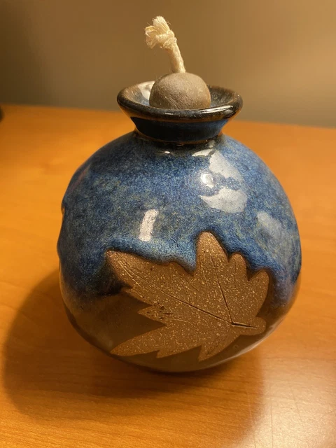 Beautiful 2004 Alewine Pottery Oil Lamp Blue Brown Glaze With Leaves Signed