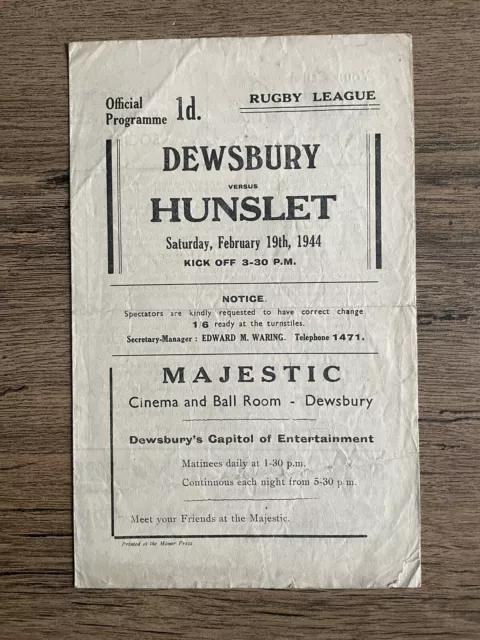 Wartime Rugby League Programme Dewsbury Hunslet 19th February 1944 War Time Rare