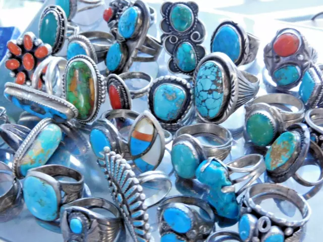 Vintage OLD PAWN 305 GRAMS 33 RING LOT Turquoise NAVAJO & Some Signed - No Res