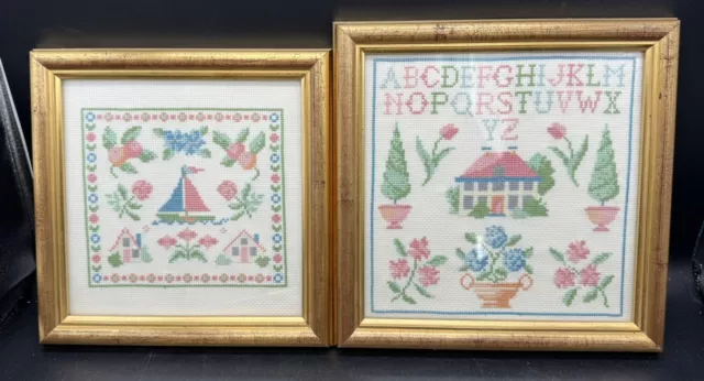 Vintage Hand Stitched Embroidered Alphabet Nursery Pictures Framed