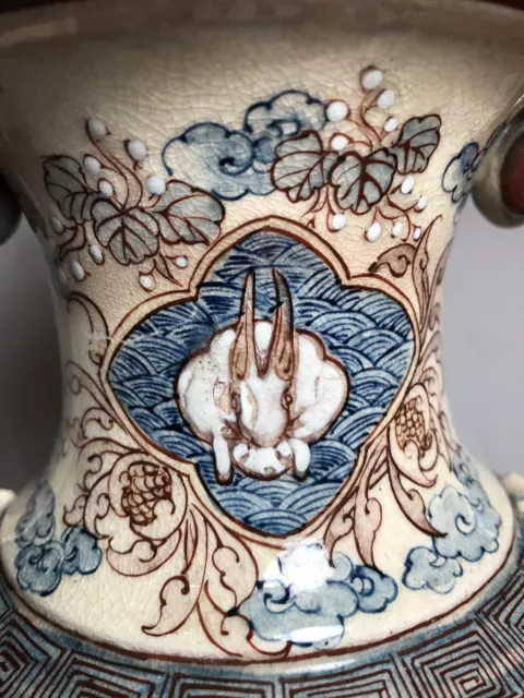 Exceptional c. 1910 Japanese Art Nouveau Satsuma Lidded Vase, Phoenix & Rabbit 3