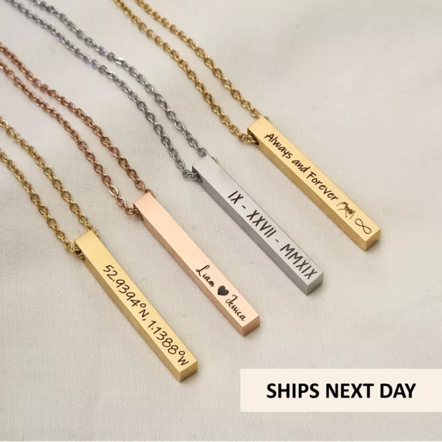 Personalised Custom Engraved Bar Necklace. Name Date Necklace. Gift for her.