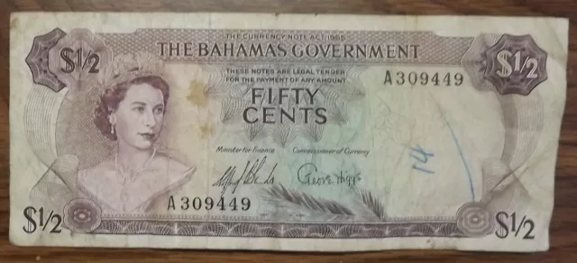 1965 Bahamas $1/2 Dollar (Fifty Cent) Banknote