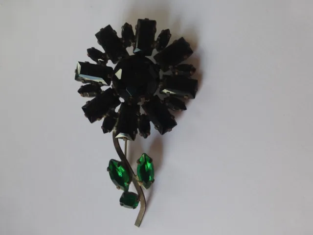 Alte Böhmische Blume Brosche schwarz grün groß Vintage