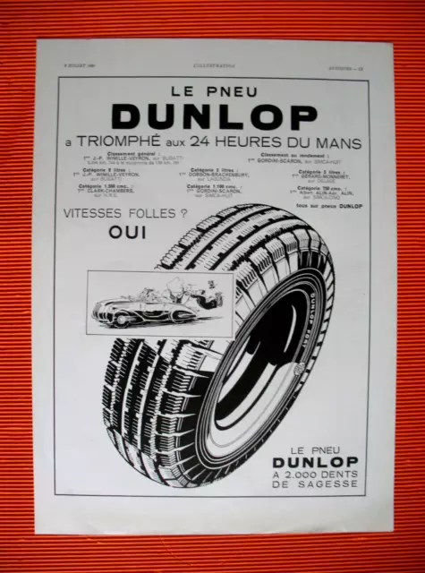 Publicite De Presse Dunlop Pneu Triomphe Aux 24 Heures Du Mans French Ad 1939
