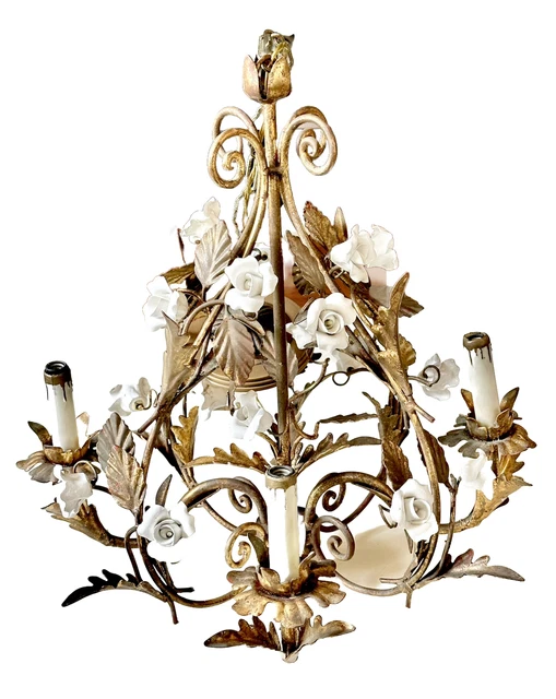 ELEGANT Vintage French Metal Chandelier Gold Gilt w/ White Tole Roses 4 Light