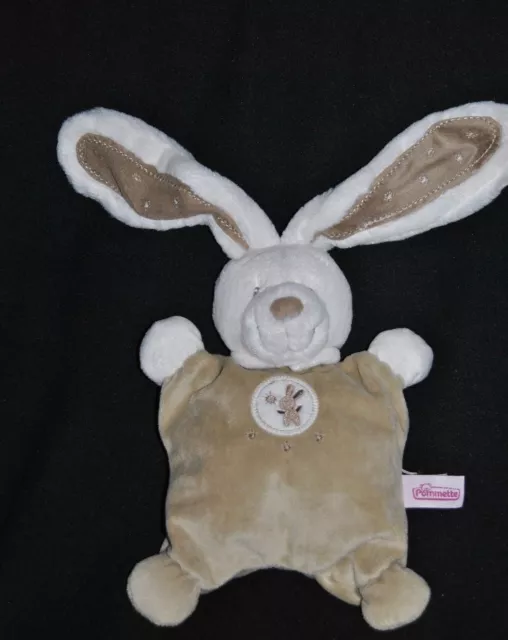 Peluche Doudou Lapin Beige Blanc POMMETTE Semi Plat Coussin Brodé Etat NEUF