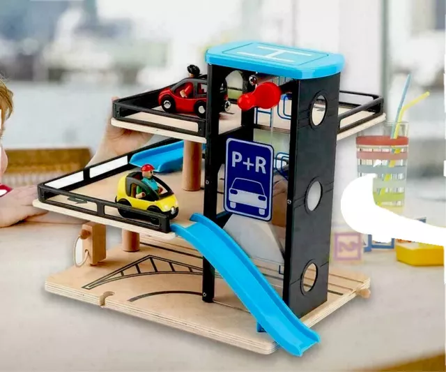 Kids wooden car garage carpark parking lot wooden toy with cars and helicopter