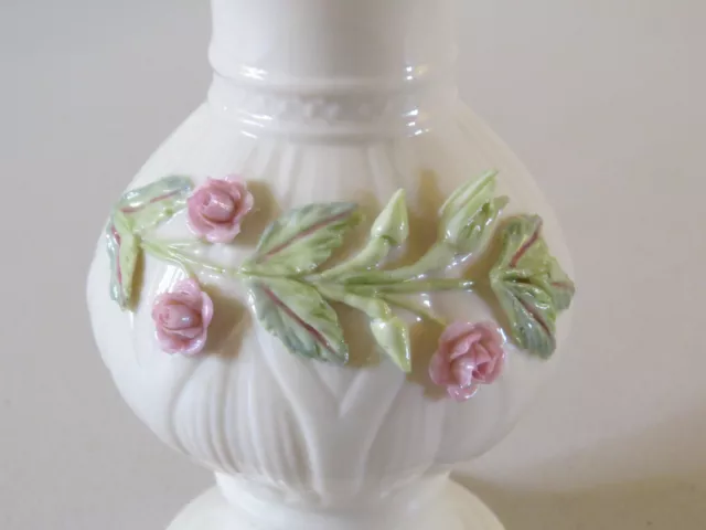 Gorgeous Irish * Belleek * Ribbon Spill Flower Vase ~ Applied Pink Roses Leaves 3