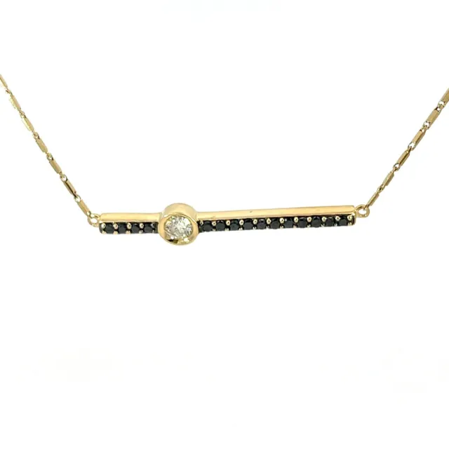 Estate 14k Yellow Gold Black Diamond Bar Pendant Bezel Set 16” Necklace