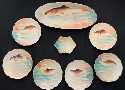 🔥RARE🔥 Antique Limoges Lambeau Hand Painted Fish Plate Set of 8...