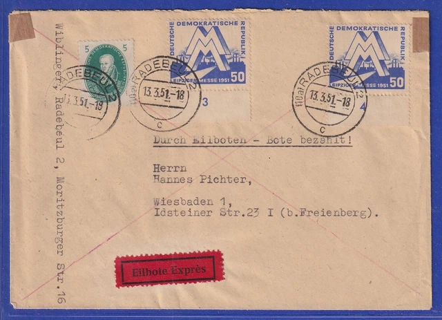 DDR 1951 Eil-Brief gelaufen von Radebeul nach Wiesbaden