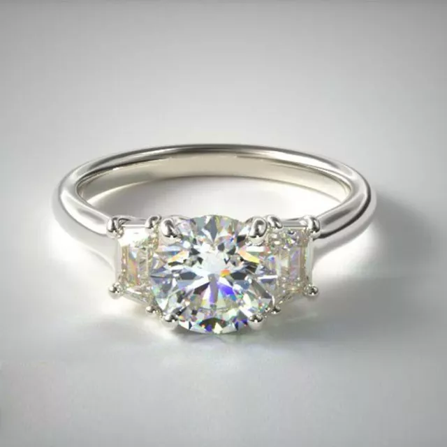 Three Stone Round Cut 3.00 Ct Real Treated Diamond in 925 Silver Engagement Ring