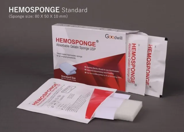 5 x HEMOSPONGE Gelatina Absorbible USP Estéril 2 Esponjas Paquete TAMAÑO 80x50x10mm