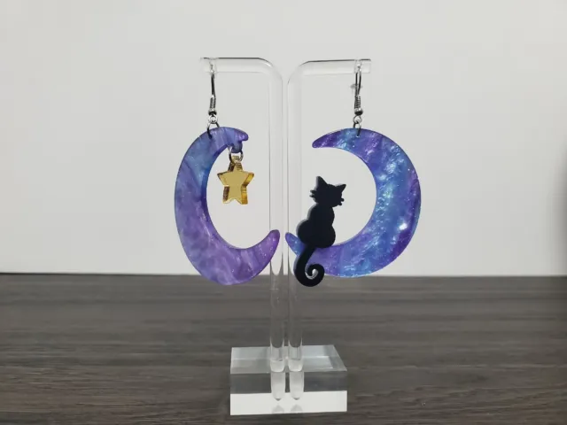 Acrylic Cat Star Moon Earrings
