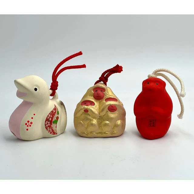 Japanese Dorei Clay Bell Ceramic 3 Wise Monkeys Snake Shrine Ornament Home Decor