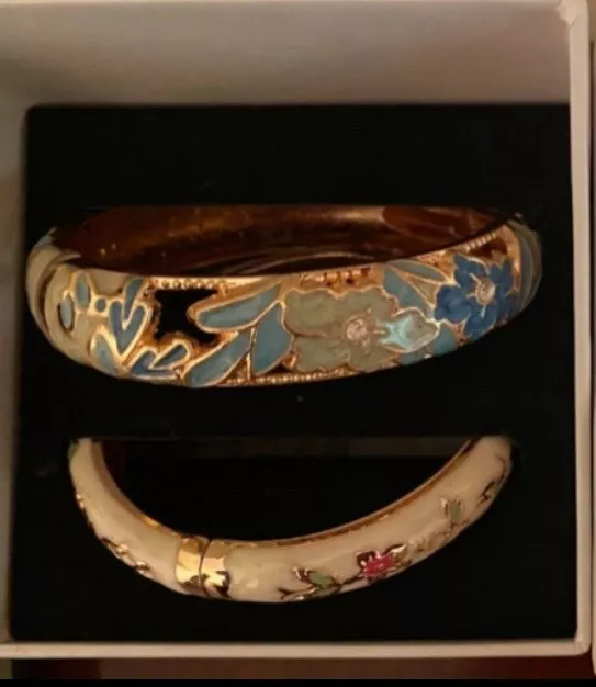 Vintage Cloisonne Enamel Hinged Clamper Bracelet Blue & White Floral Design NIB