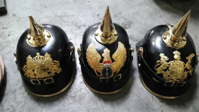 Leather German Prussian Pickelhaube Helmet WW2 Spiked Officer New Year set of 3