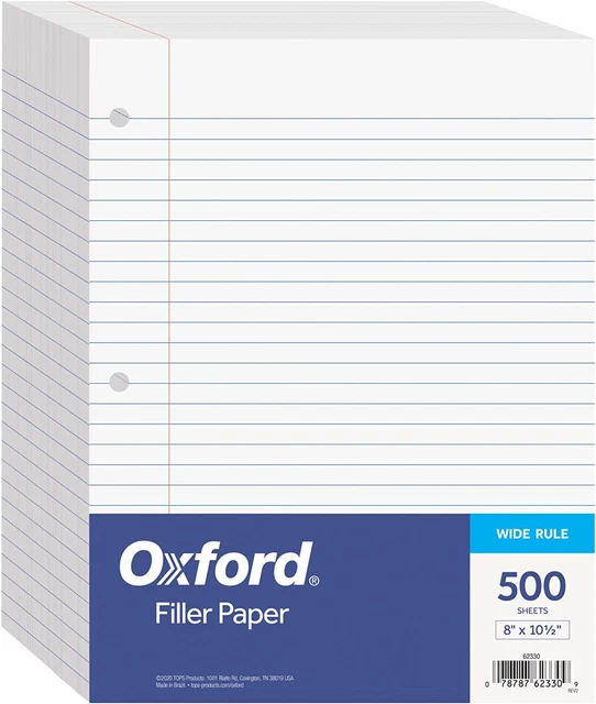 Oxford Filler Paper 8 X 10-1/2'' Wide Ruled Paper 3 Hole Punch 500 Sheets White