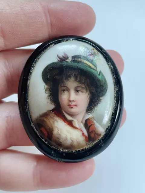 Victorian Antique Whitby Jet Hand Painted Porcelain Mourning Large Brooch Pin 2"