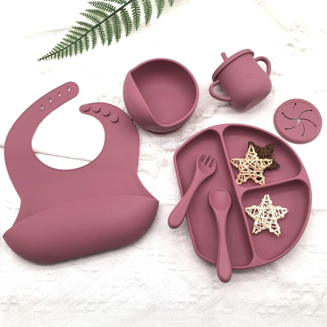 8pc Silicone for Babies Bib Bowl Plate Cup Fork Spoon Adjustable
