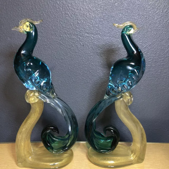 Vintage 1950s Alfredo Barbini Birds of Paradise Peacock Murano Art Glass Pair 2