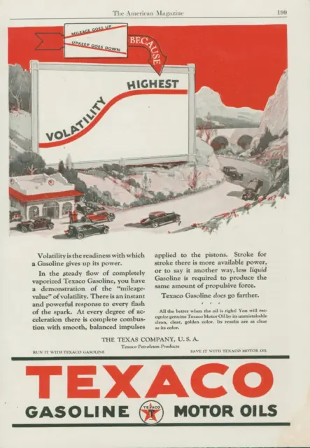 1924 Texaco Gasoline Aerial View Gas Station Autos Volatility Vtg Print Ad A1