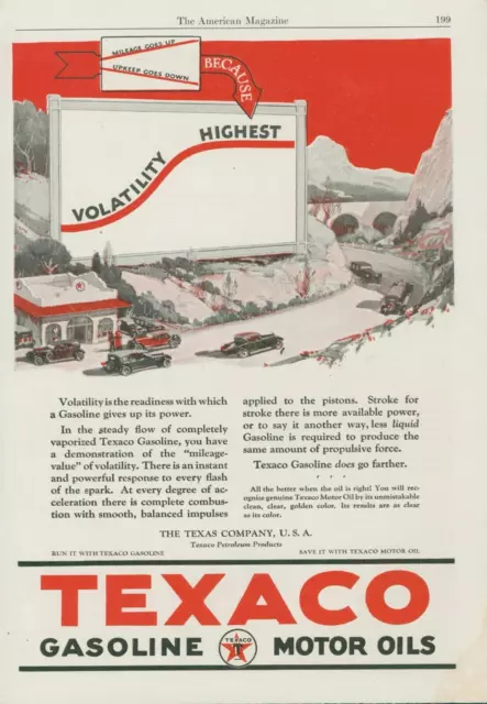 1924 Texaco Gasoline Aerial View Gas Station Autos Volatility Vtg Print Ad A1