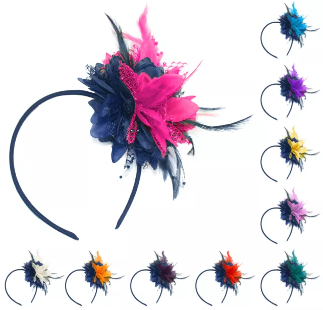 Flower Feather Hair Fascinator on Headband Wedding Royal Ascot Races Bespoke