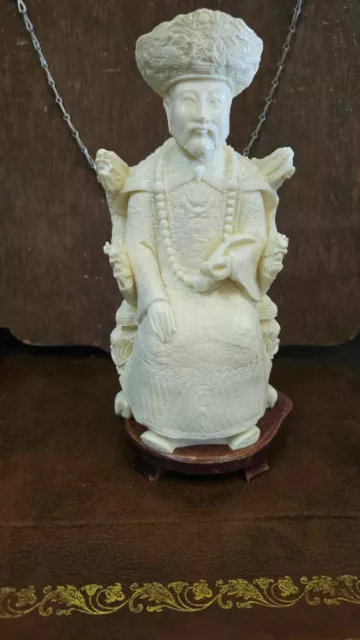 Vintage Chinese Intricate Hand Carved Emperor Figurine On Wooden Plinth