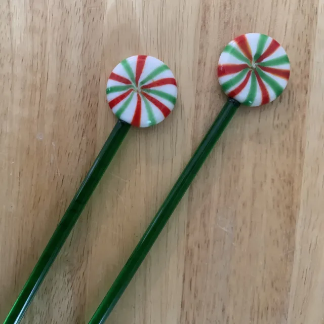 2 Christmas Art Glass Cocktail Stir Swizzle Sticks Peppermint Candy 8” 2
