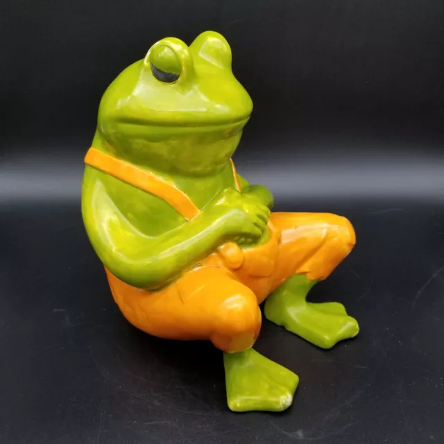 Vintage Handpainted Hobbyist Ceramic Sitting Lucky Frog In Overalls 8"x6"x8"