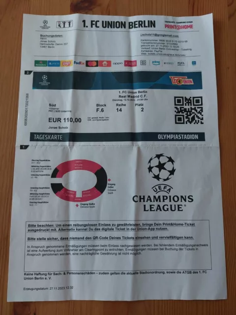 Used Sammler Ticket UEFA CL 2023/24 Union Berlin vs Real Madrid Online