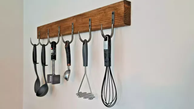 Handmade Wooden kitchen hooks Vintage Cast Iron utensils Hook Reclaimed  Rustic