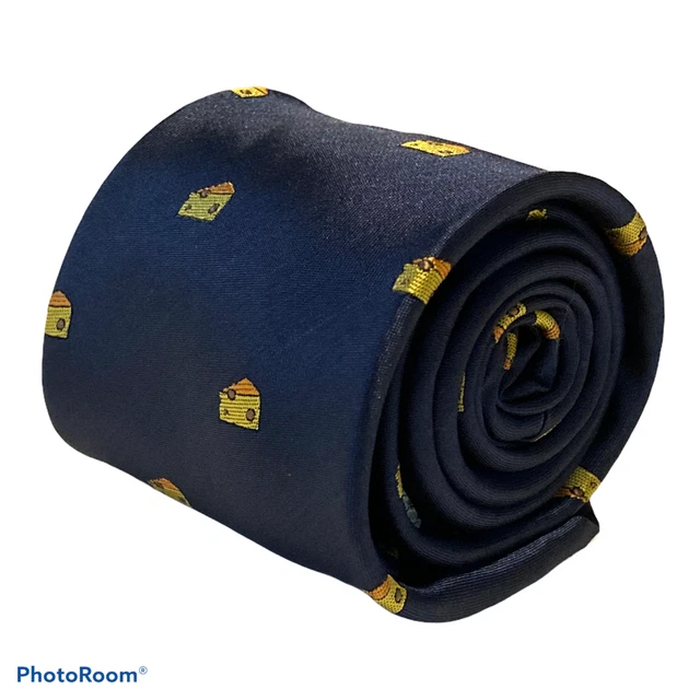 Cravatta Uomo Frederick Thomas Blu Navy Con Formaggio E Topo - Eccentrica E Originale - Fatta A Mano UK