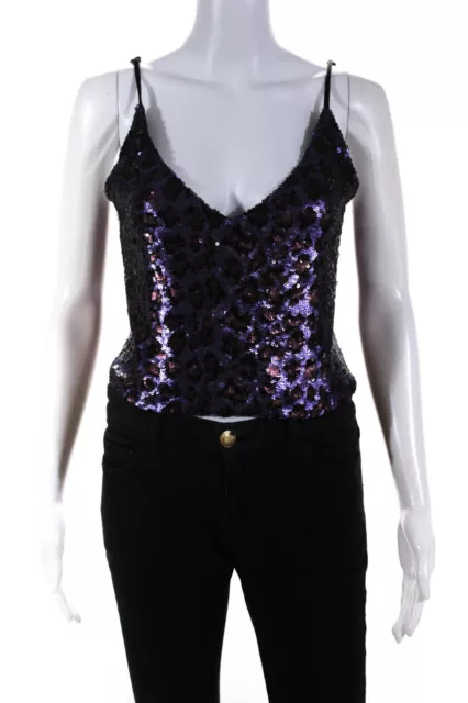 Le Superbe Womens Leopard Printed Sequin V-Neck Tank Top Blouse Purple Size S