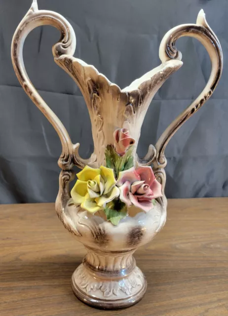 Vintage Capodimonte Porcelain Ewer Pitcher Vase with Flowers -