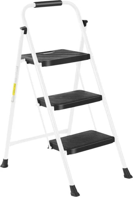 Steel Folding 3-Step Stool Ladder Adults With Soft-Grip Handle  330 Lbs White