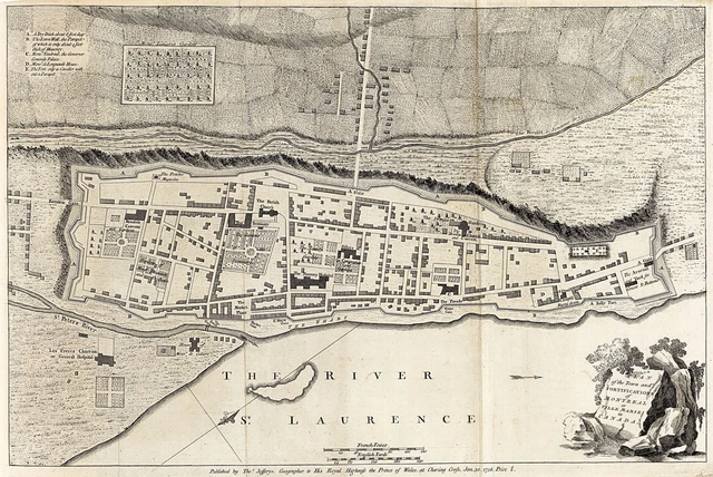 1758 Montreal or Ville Marie Town Map Wall Poster Decor Vintage History Quebec
