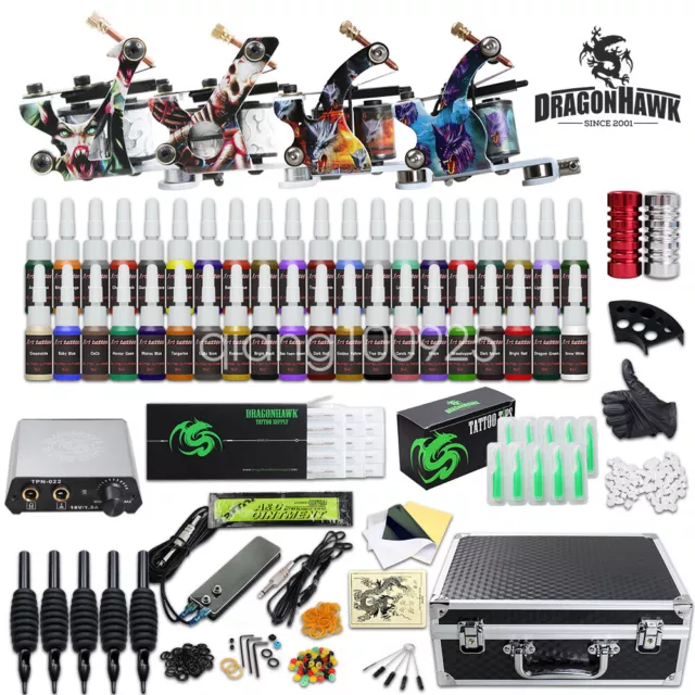 Dragonhawk Tattoo Kit 4 Machine Gun 40 Color Inks Power Supply Needles Grip Tips