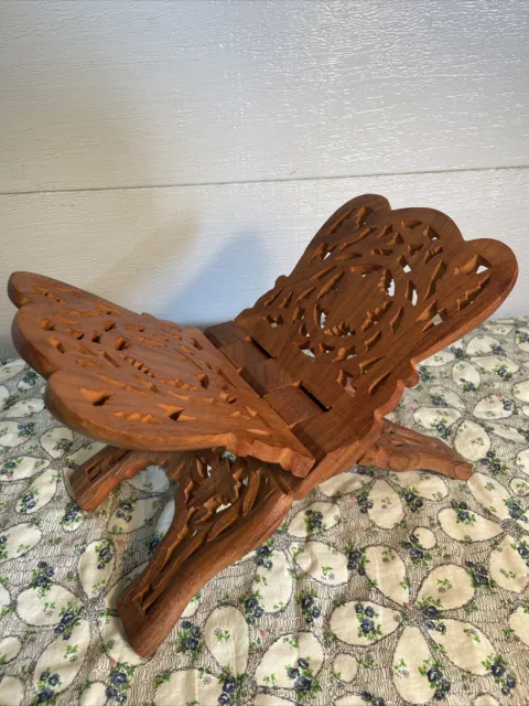 Vintage Hand Carved India Folding Book Bible Cookbook Stand Holder Wood Flower