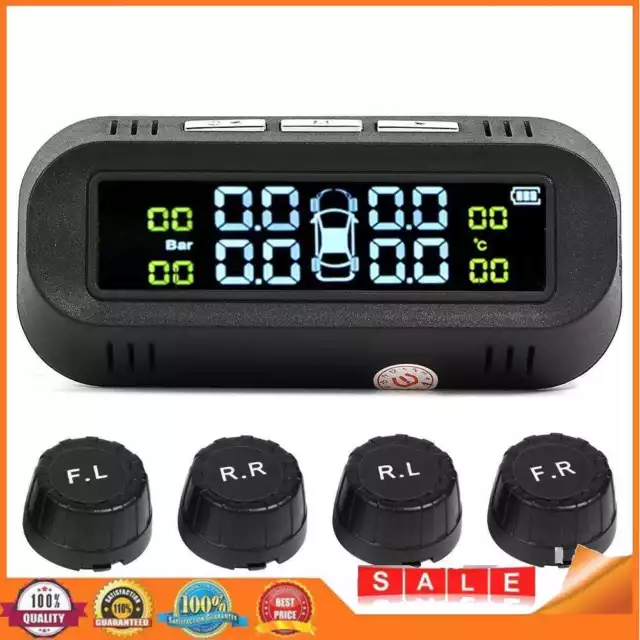 C68 USB+Solar Car TPMS Tire Pressure Alarm Monitor System w/ 4 External Sensors