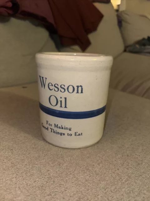 Antique Wesson Oil Crock Blue Stripe Stoneware Advertising Utensil Holder 5"