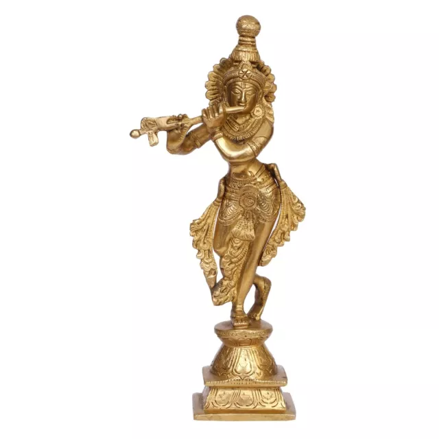 Brass Lord Krishna Statue Hindu God Religious Idol Pooja Room Figurine 10.5 Inch